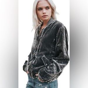 Free People Crushed Velvet Ruched Bomber Jacket Full Zip Varsity Collar Gray S